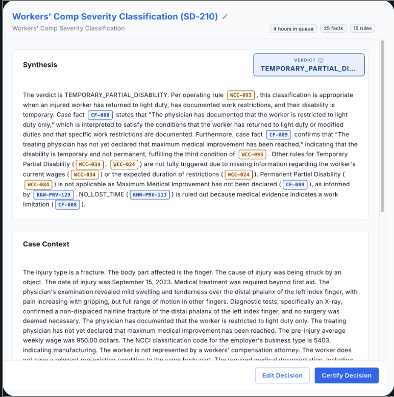 Verdicore decision screen — Workers' Comp Severity Classification (SD-210)